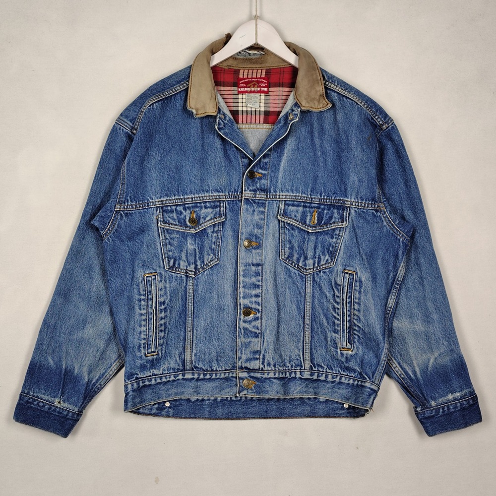 Vintage Marlboro Country Store Denim Jacket Leather Collar Plaid Lined Large